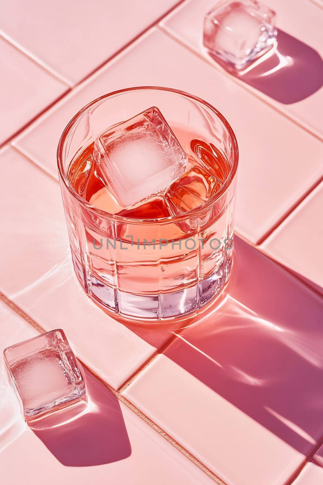 A glass filled with a pink beverage and ice cubes sits on a pastel pink tiled surface, creating a vibrant and refreshing look.