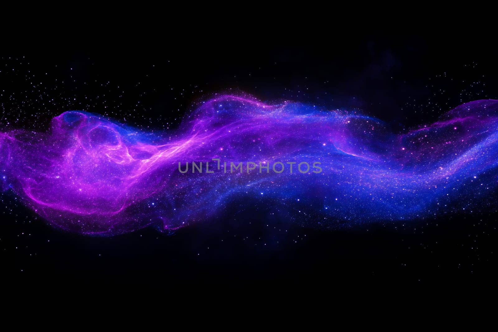 A vibrant swirl of purple and blue gas flows through the depths of space, shimmering with distant stars and cosmic dust.