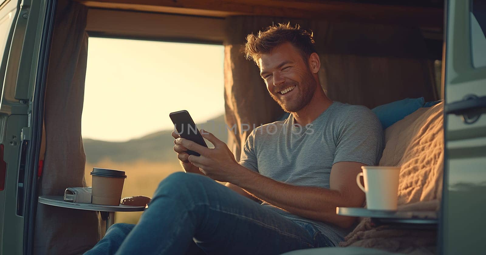 A man relaxes in a campervan at sunrise, smiling at his phone while sipping coffee. The peaceful landscape enhances the moment.
