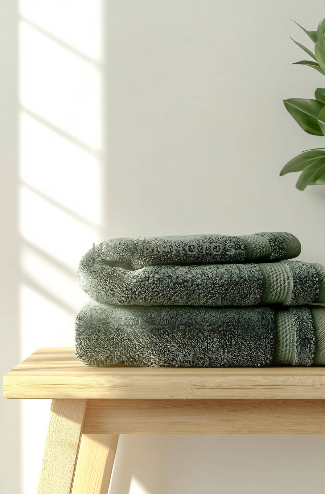 Soft green towels are neatly folded on a wooden shelf, illuminated by warm sunlight filtering through nearby window blinds.