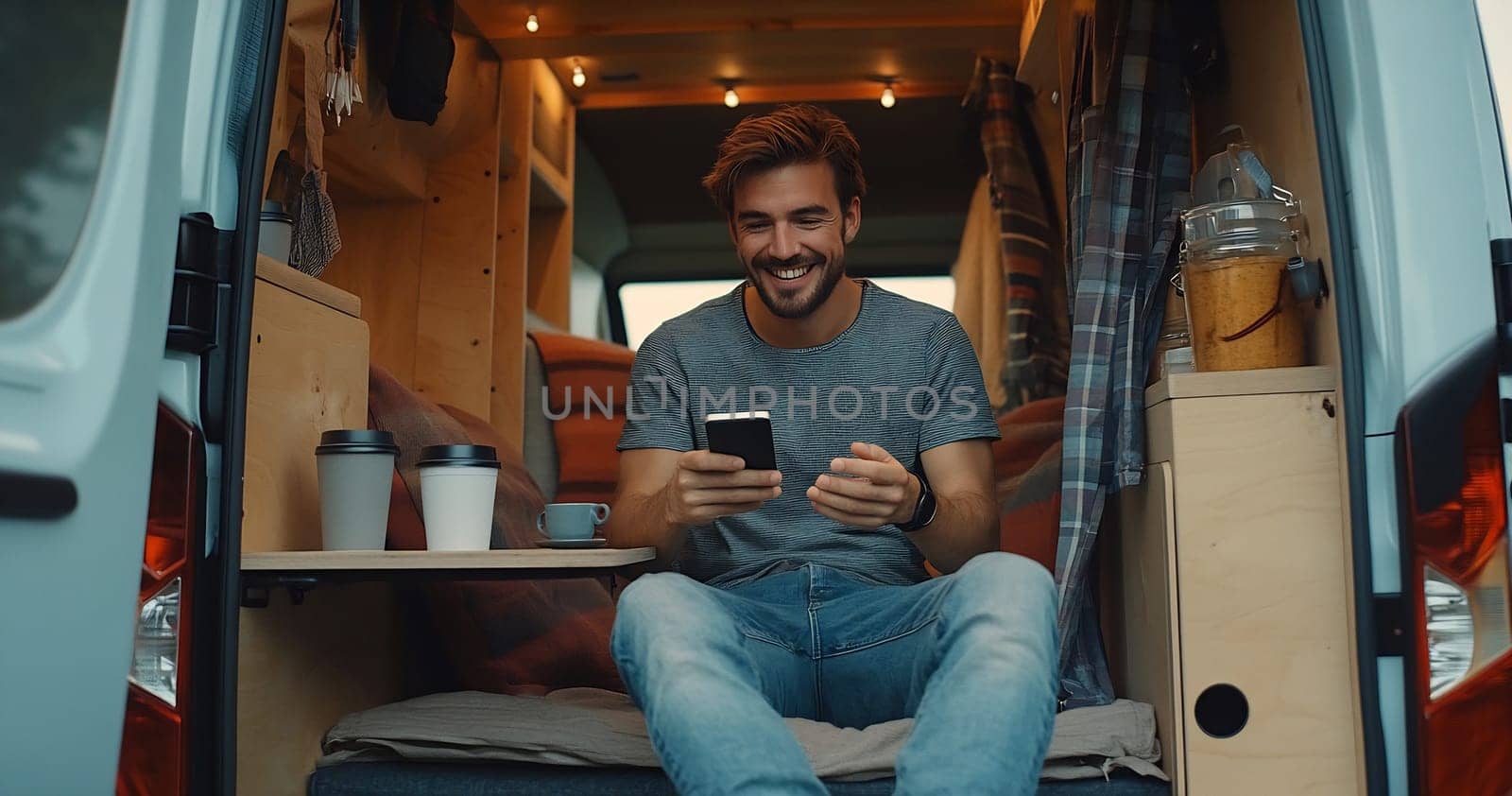 A man relaxes in his camper, using his phone while enjoying coffee in a cozy interior with warm lighting.