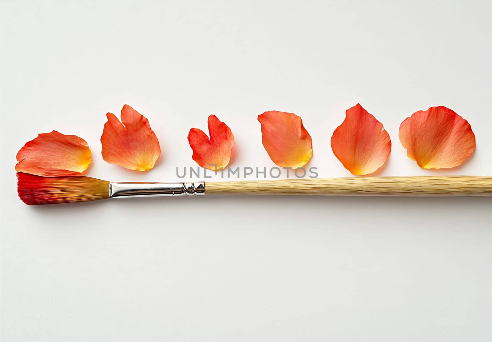 A paintbrush rests alongside delicate rose petals arranged in a colorful pattern on a white surface, showcasing creativity and elegance.