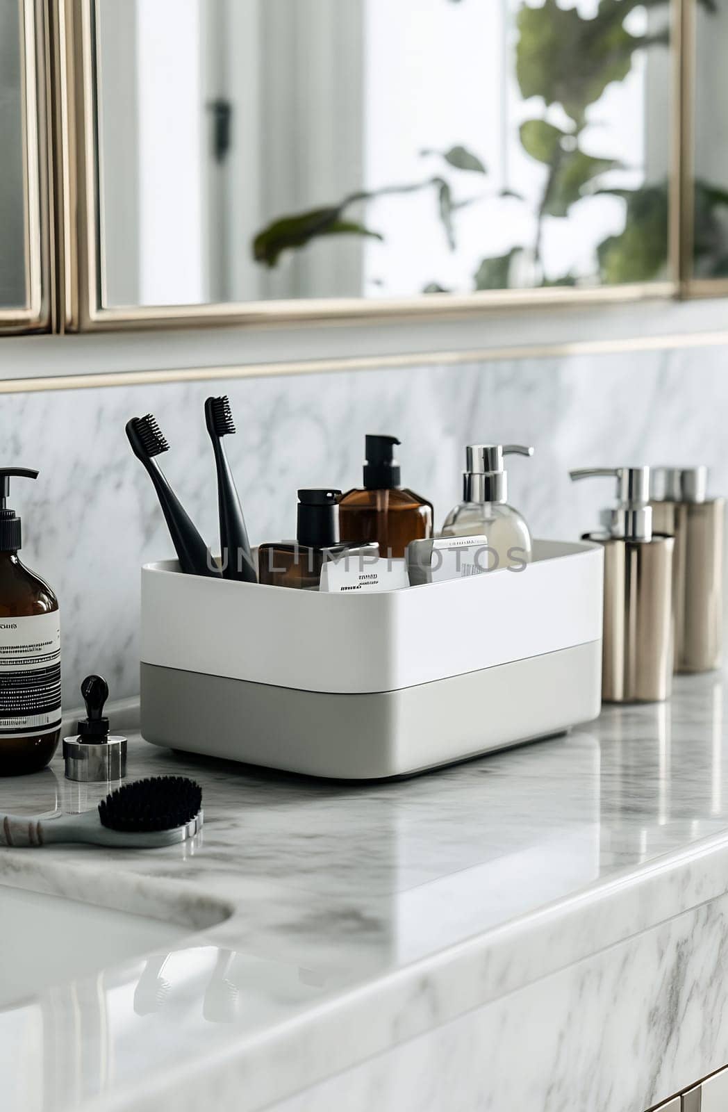 A modern bathroom counter features a neatly arranged storage container holding toiletries, brushes, and other essentials for daily routines.