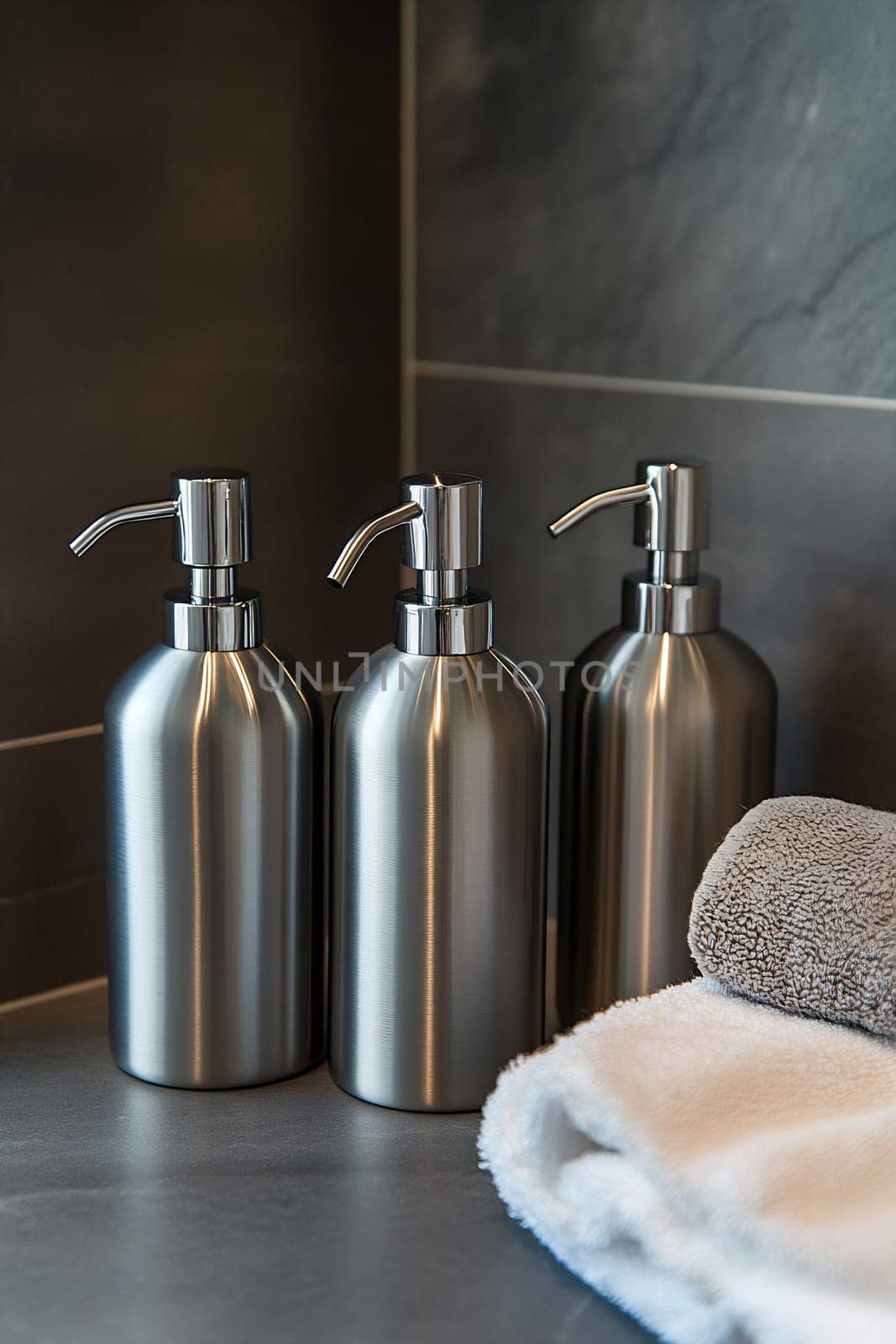 Three sleek metal dispensers stand together on a bathroom counter beside a soft gray towel, enhancing the modern decor of the space.