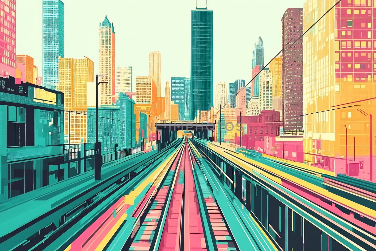 A colorful urban landscape features tall buildings and train tracks leading into the city center, showcasing artistic elements and bright colors.