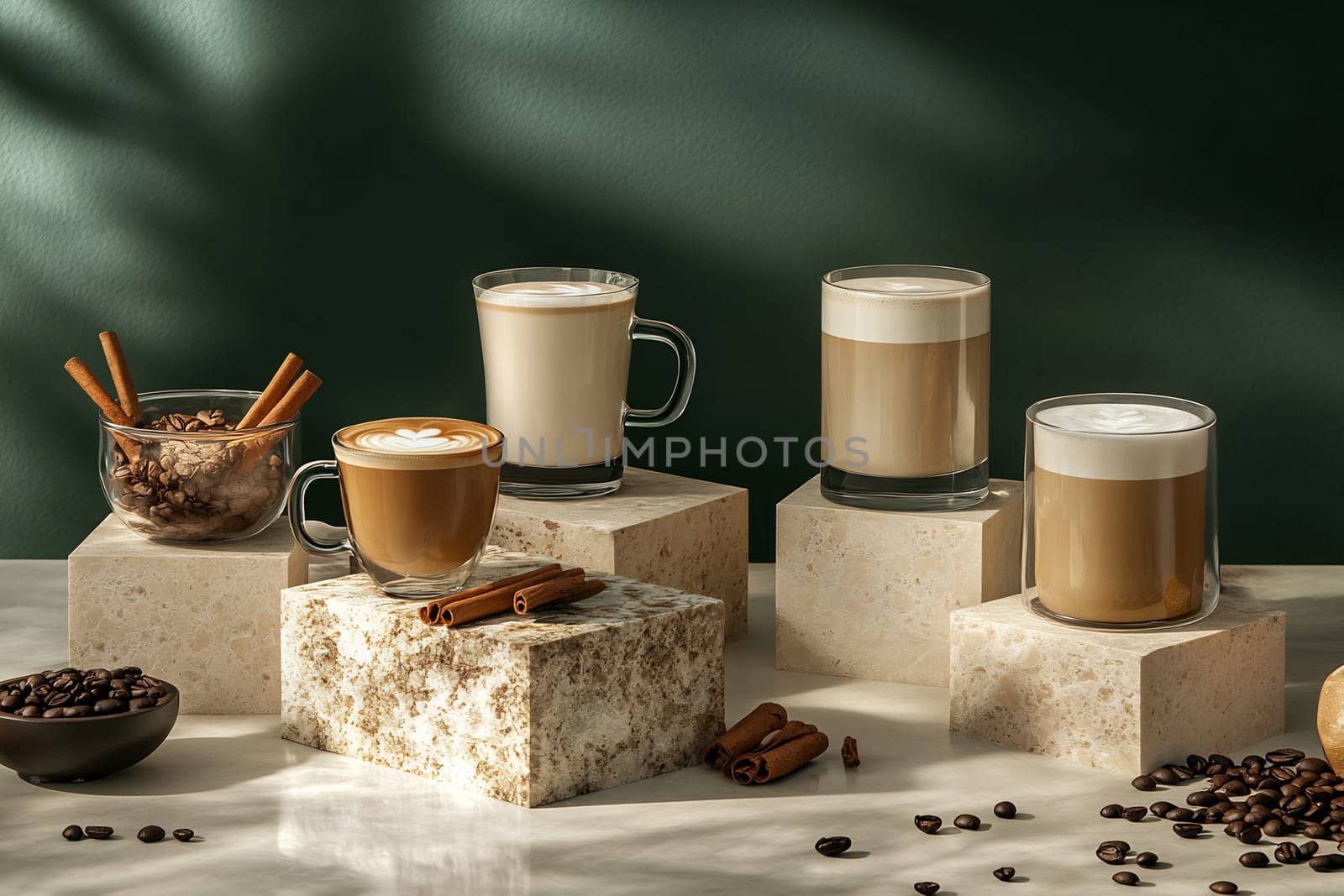 Various coffee drinks are showcased elegantly on marble blocks, accompanied by coffee beans and cinnamon sticks, creating an inviting atmosphere.
