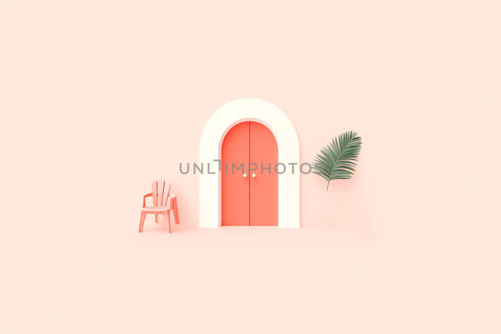 A vibrant entrance features two coral doors framed by a soft pink wall. A decorative chair and palm leaf add a lively touch.