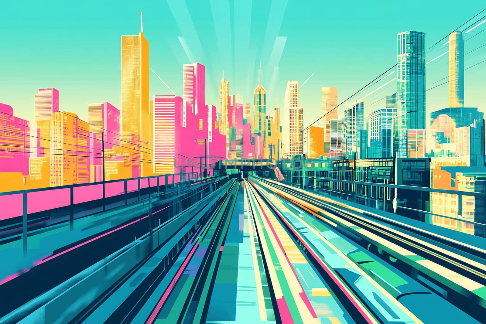 Colorful skyscrapers stand tall against a bright sky, while railway tracks lead through a dynamic urban landscape.