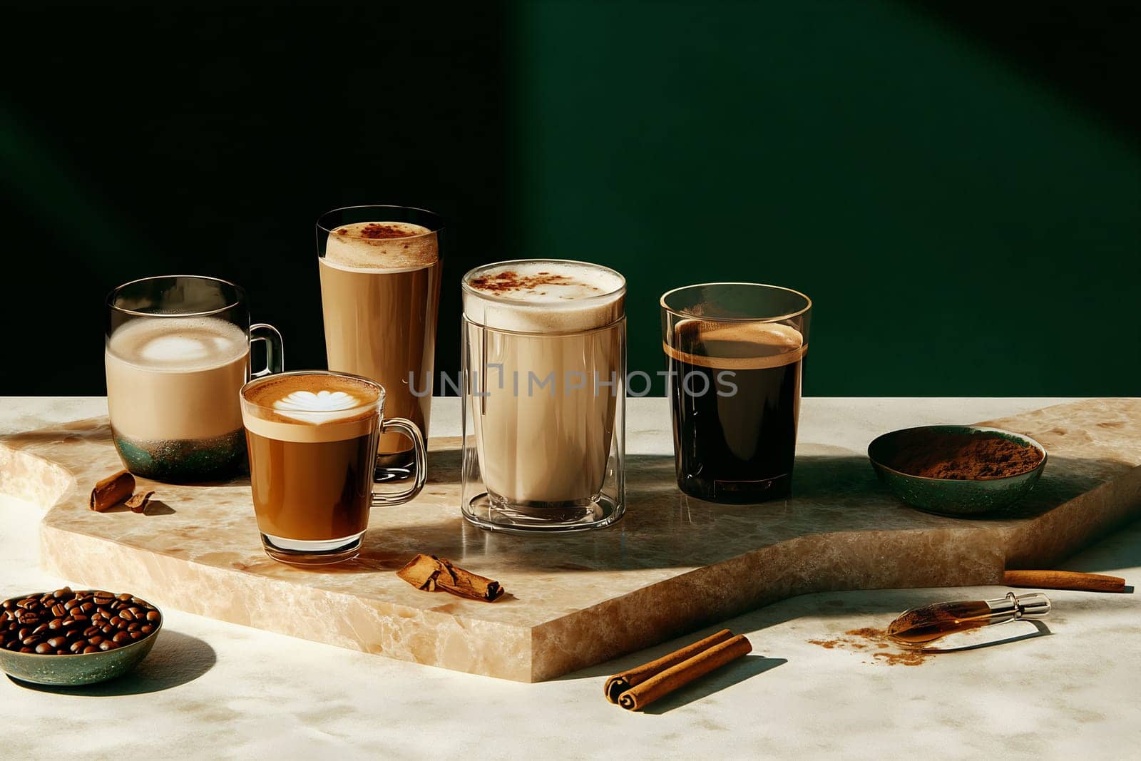 Five different coffee beverages displayed on a marble table, illuminated by soft natural light in a cozy setting.