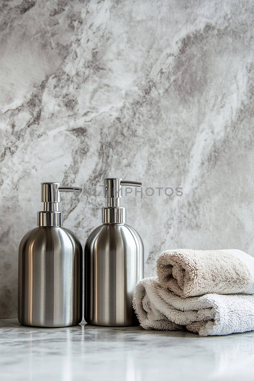Stylish stainless steel dispensers stand next to soft towels on a marble surface, enhancing the elegant bathroom ambiance.