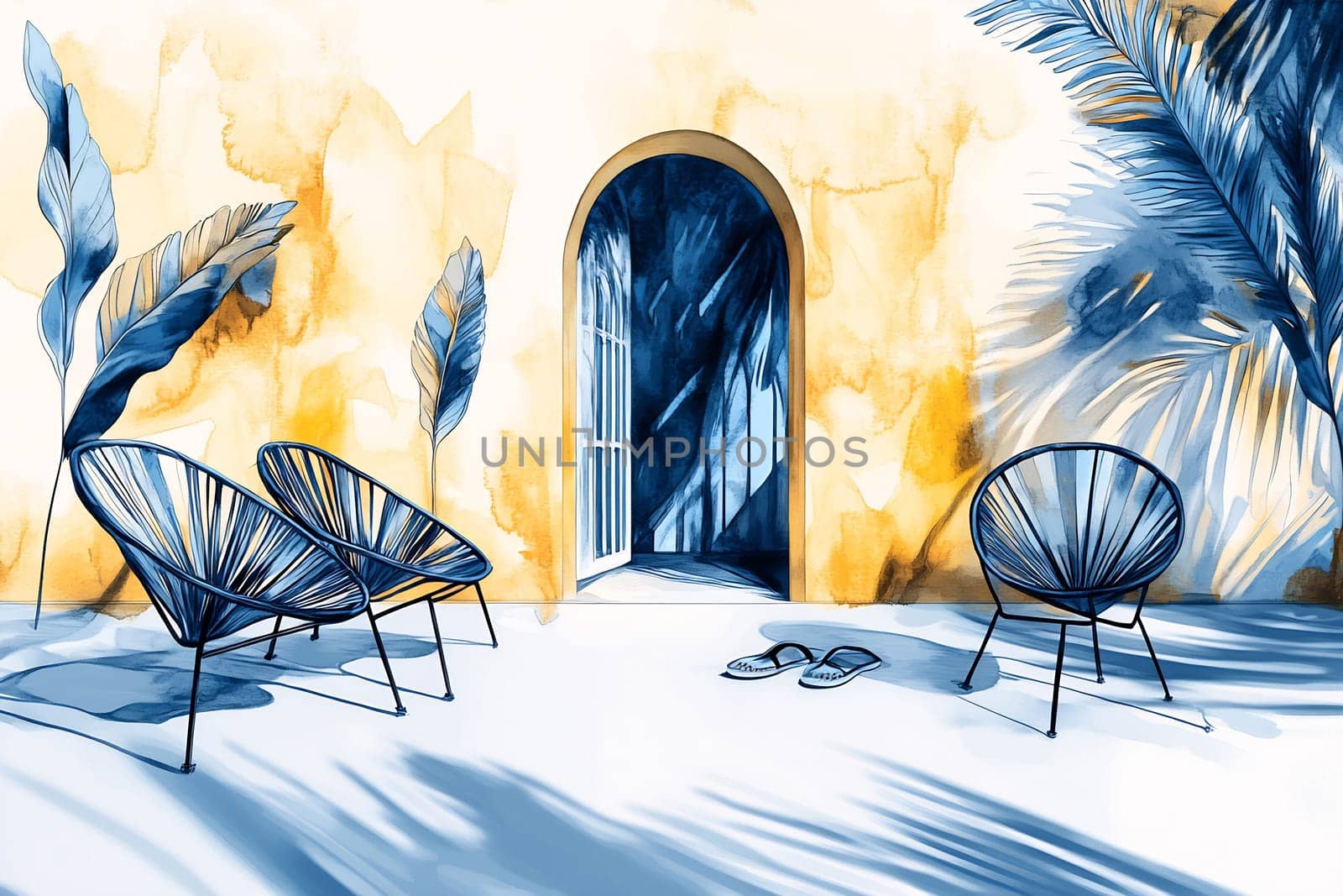 Stylish chairs are arranged outside a vibrant building, casting unique shadows and inviting relaxation in a sunny atmosphere.