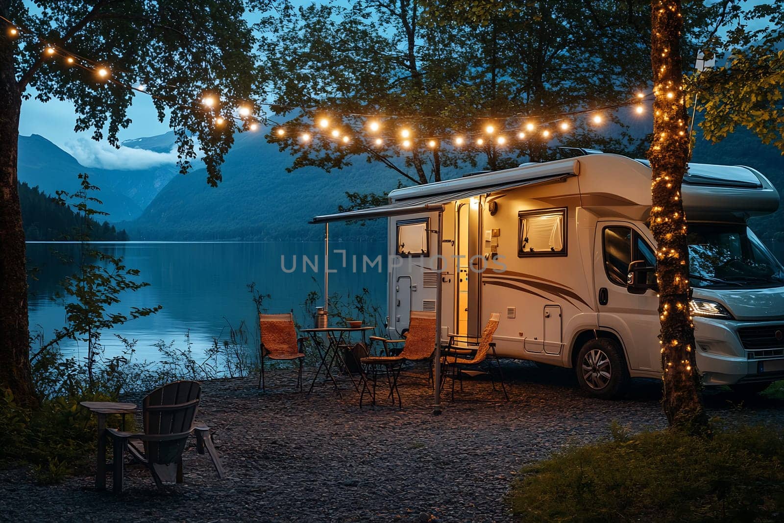 A beautiful camper parked by a serene lake, illuminated by string lights, as evening falls and nature surrounds the peaceful retreat.