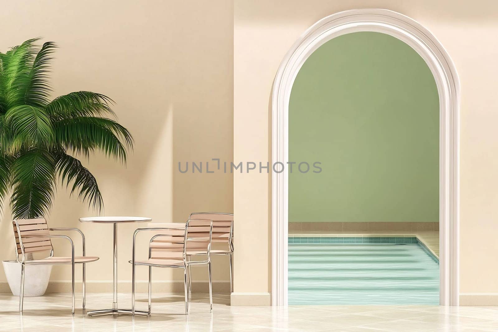 A serene corner featuring two chairs and a table, with a large archway leading to a peaceful indoor pool area bathed in soft light.