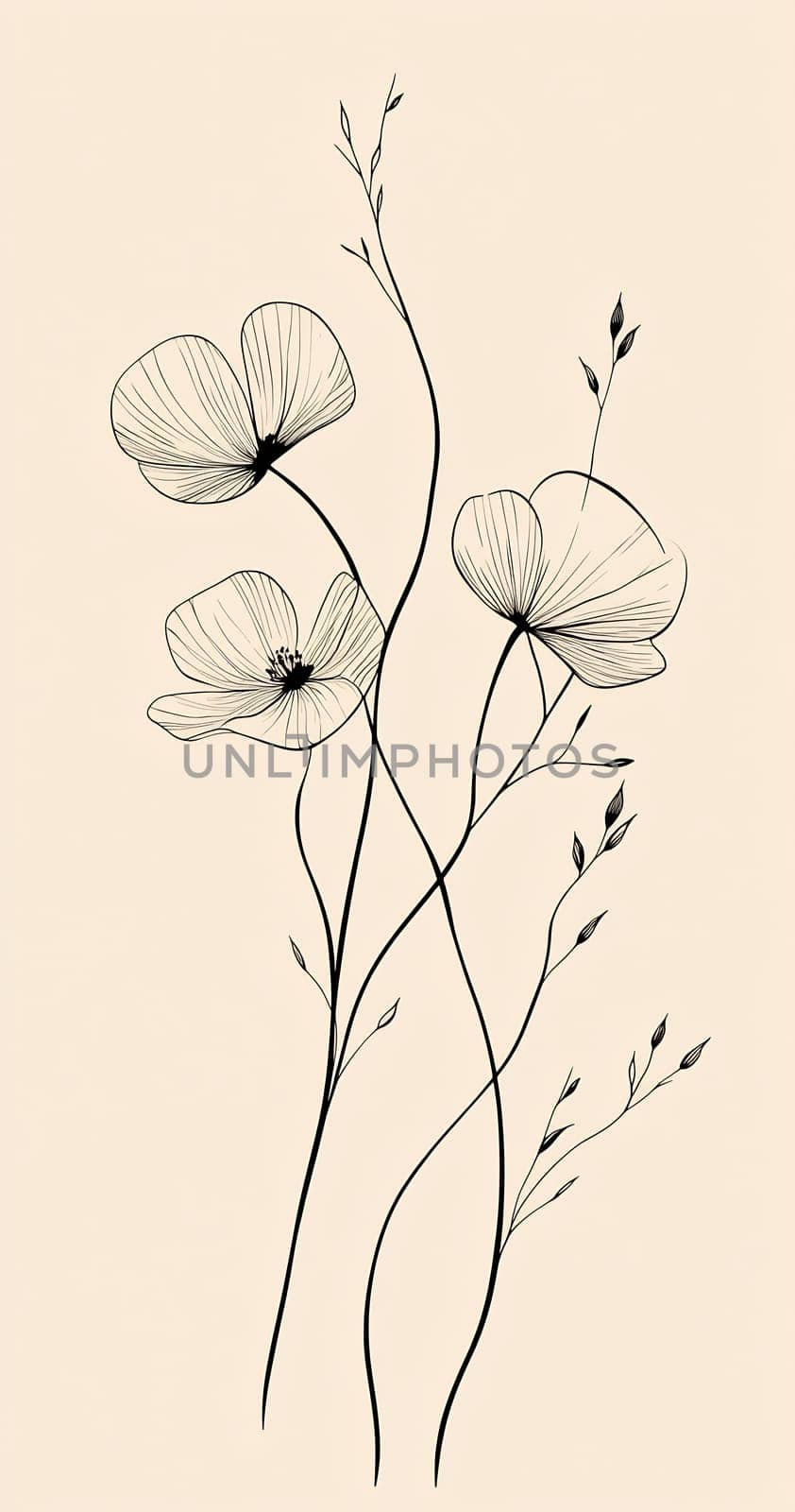 This artwork features delicate wildflowers with slender stems, showcasing a minimalist style on a soft beige background.
