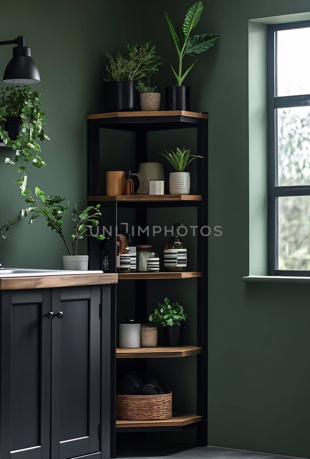 This kitchen corner features a sleek black shelf filled with potted plants, jars, and decorative items, creating an inviting atmosphere.