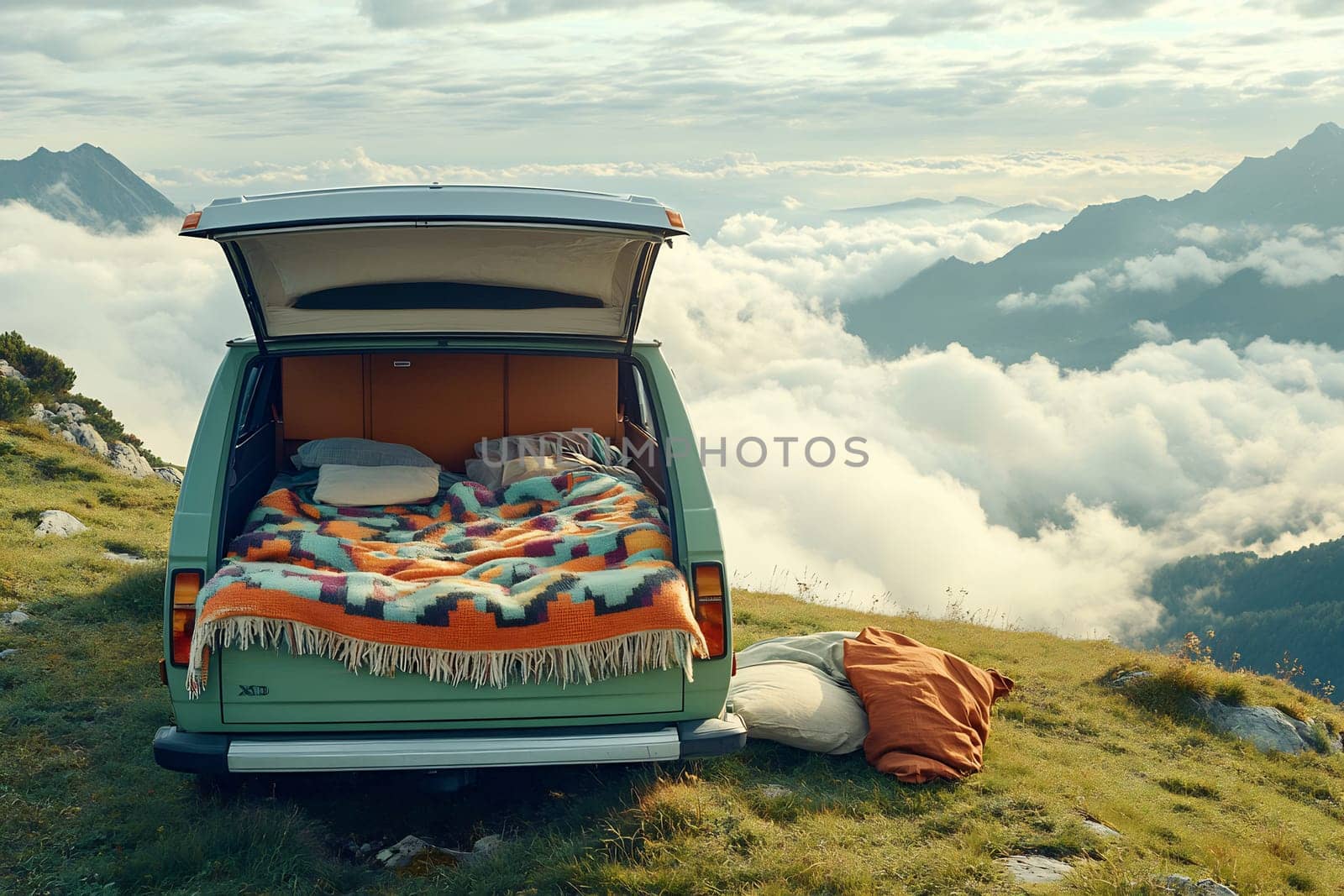 A vintage van with a cozy bed setup overlooks rolling clouds and majestic mountains during sunset, creating a serene atmosphere.