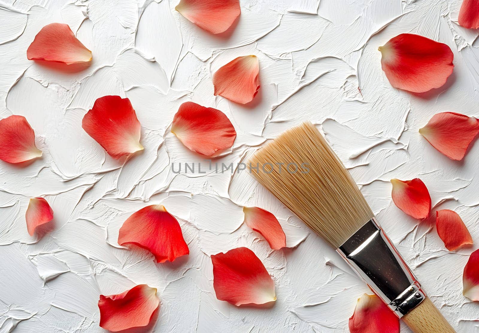 Delicate red and pink rose petals scatter across a textured white surface beside a paintbrush. The composition evokes artistry and nature.