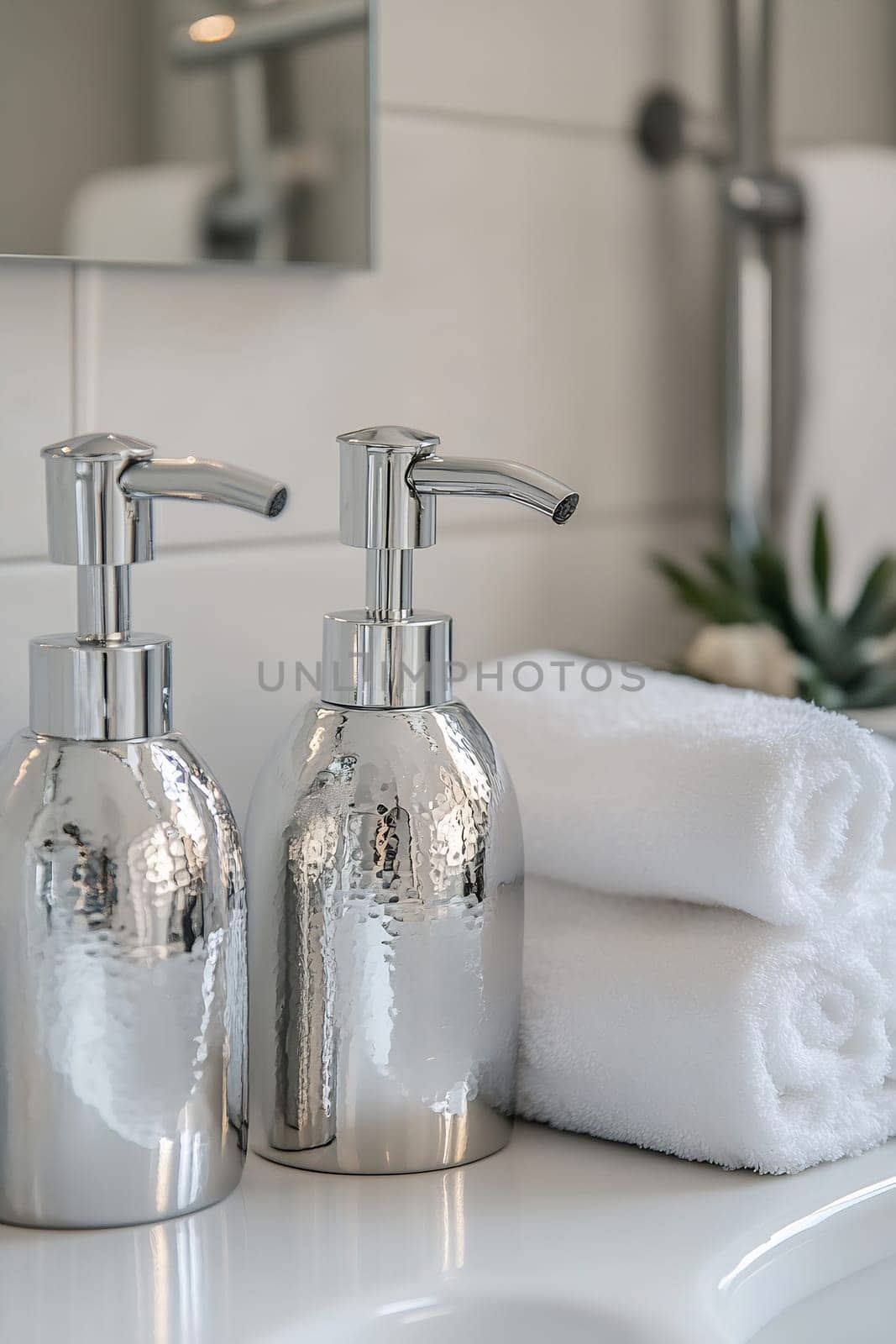 Modern silver soap dispensers sit beside neatly stacked white towels. A touch of elegance adds sophistication to the bathroom space.
