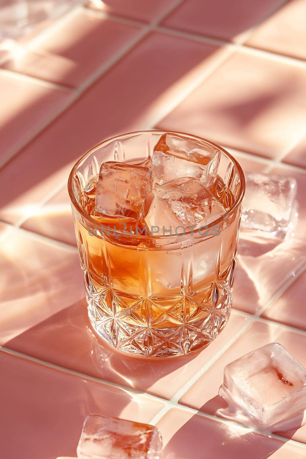 A refreshing cocktail is presented in a crystal glass filled with ice cubes on a pink tiled surface, reflecting sunlight.