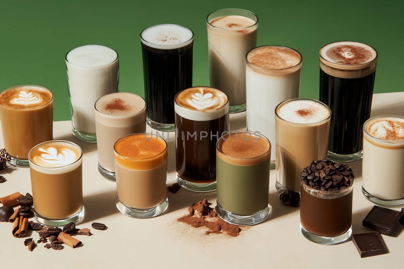 Multiple glasses filled with different coffee beverages are arranged beautifully on a light surface, showcasing various styles and colors.