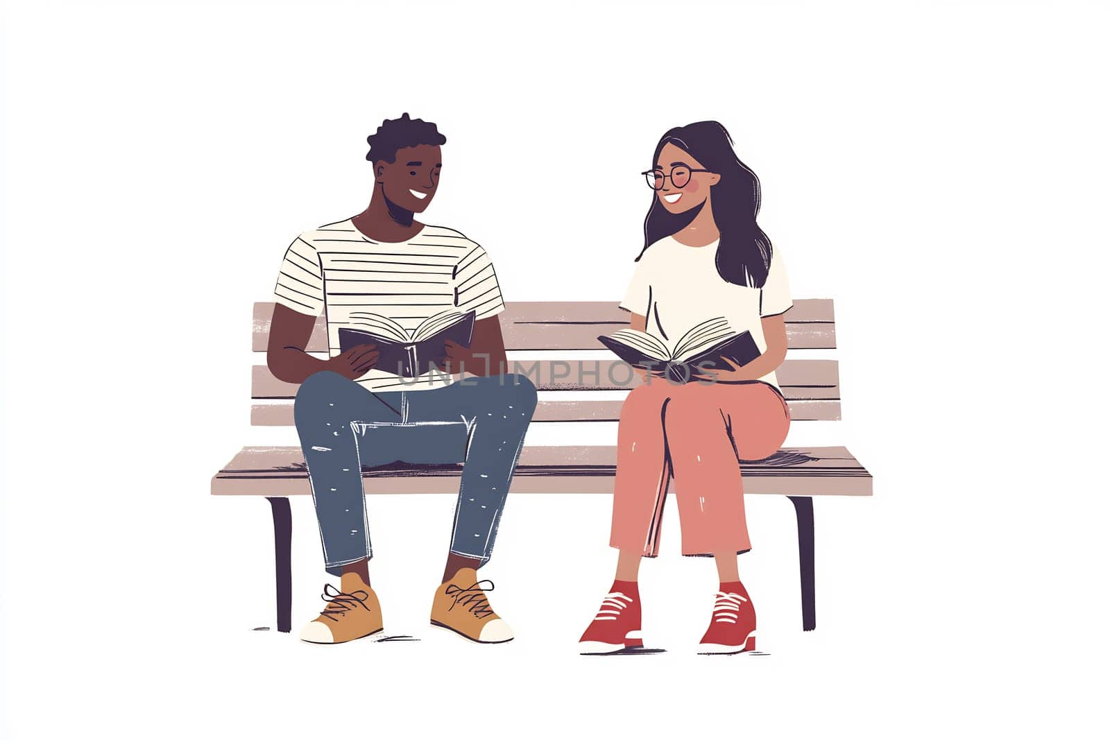 Two friends sit on a bench in a park, each reading a book, smiling and enjoying their time together.