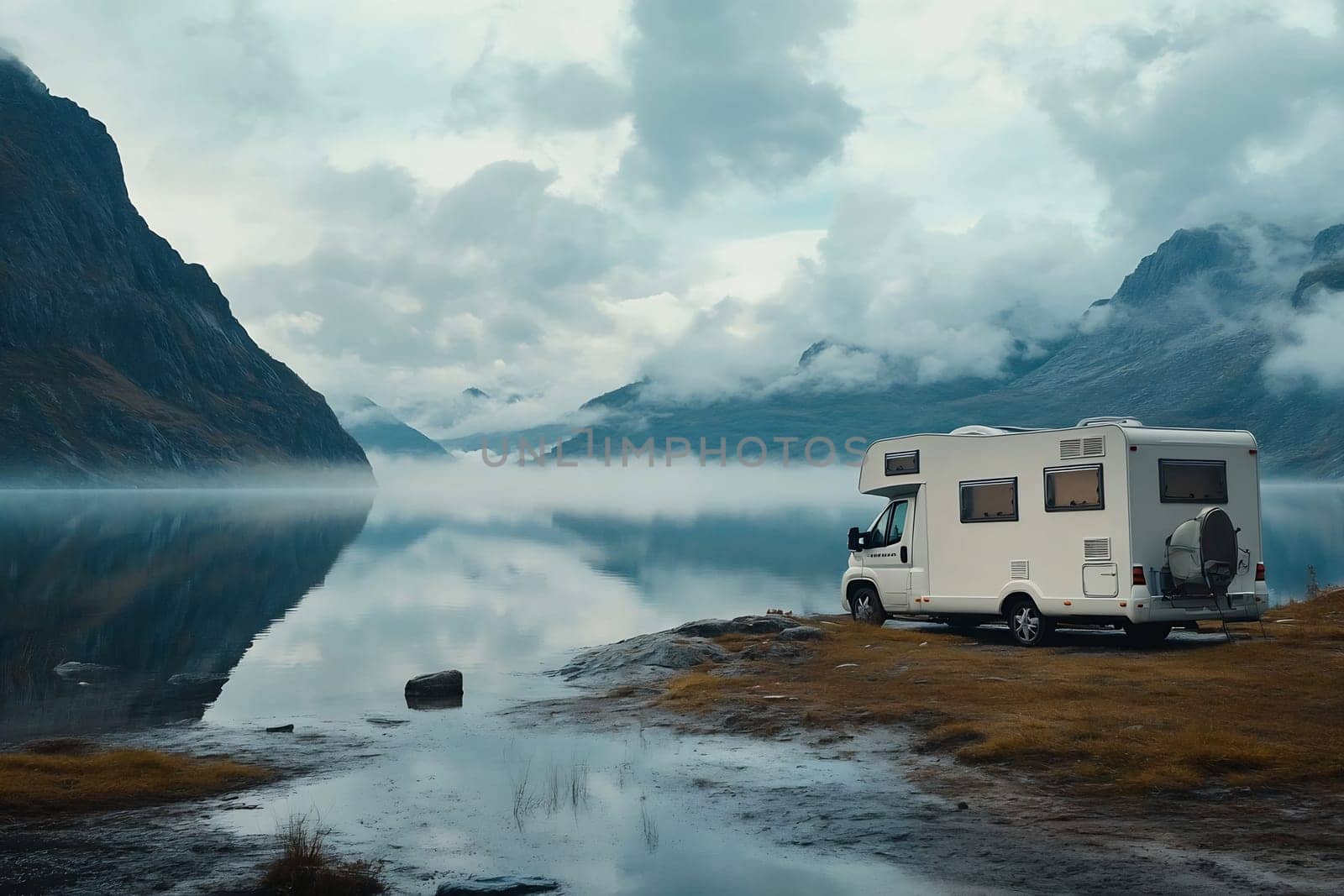 A camper van parked lakeside surrounded by majestic mountains and misty clouds during early morning light.