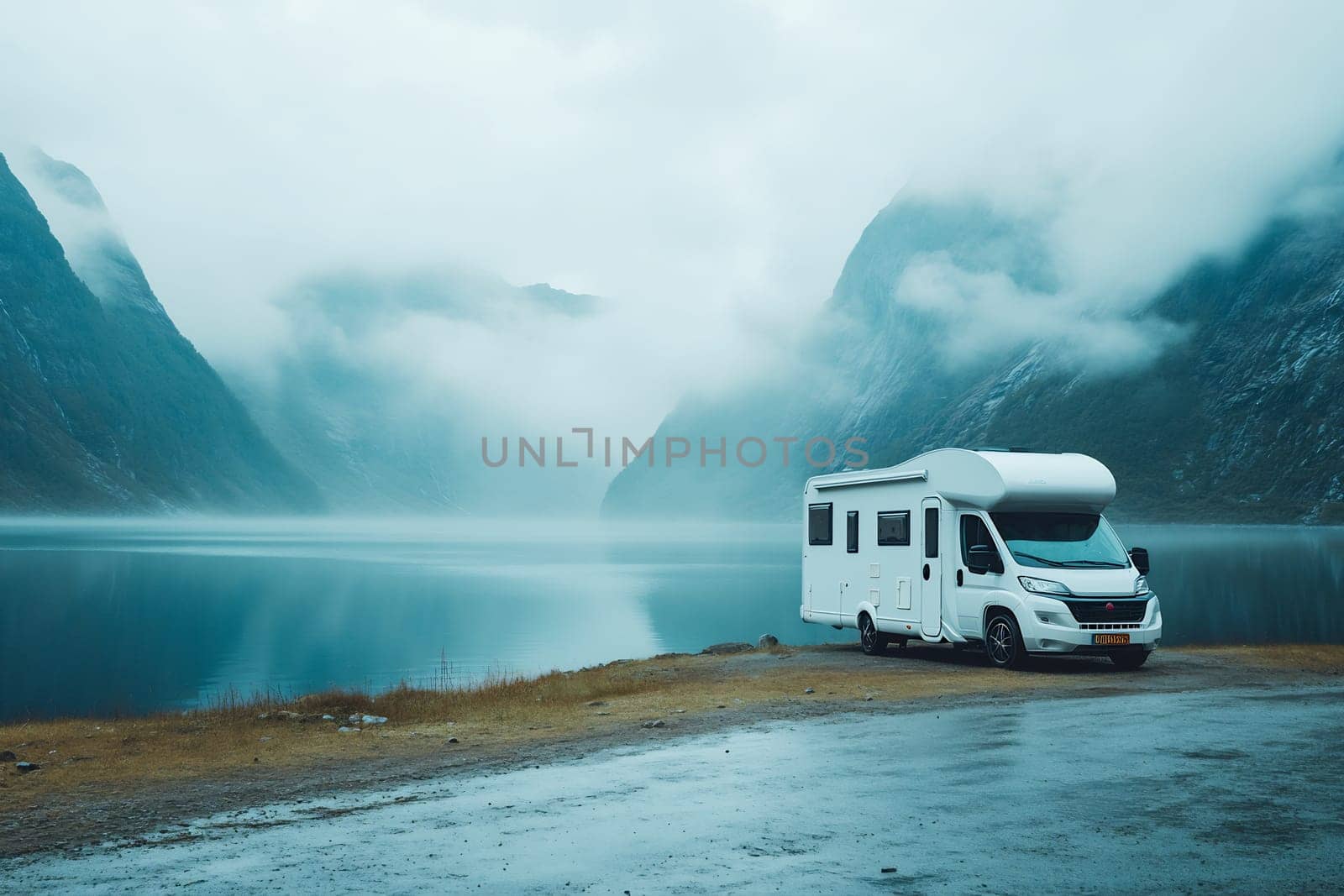 A camper parked near a tranquil lake surrounded by foggy mountains during a cloudy day, creating a peaceful atmosphere for an adventure.