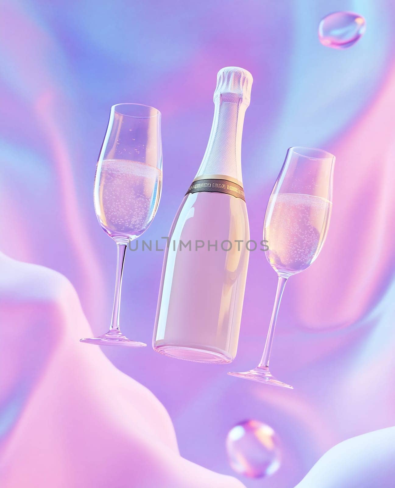 A stylish champagne bottle stands between two elegant flutes against a soft pastel background, suggesting a celebratory atmosphere.
