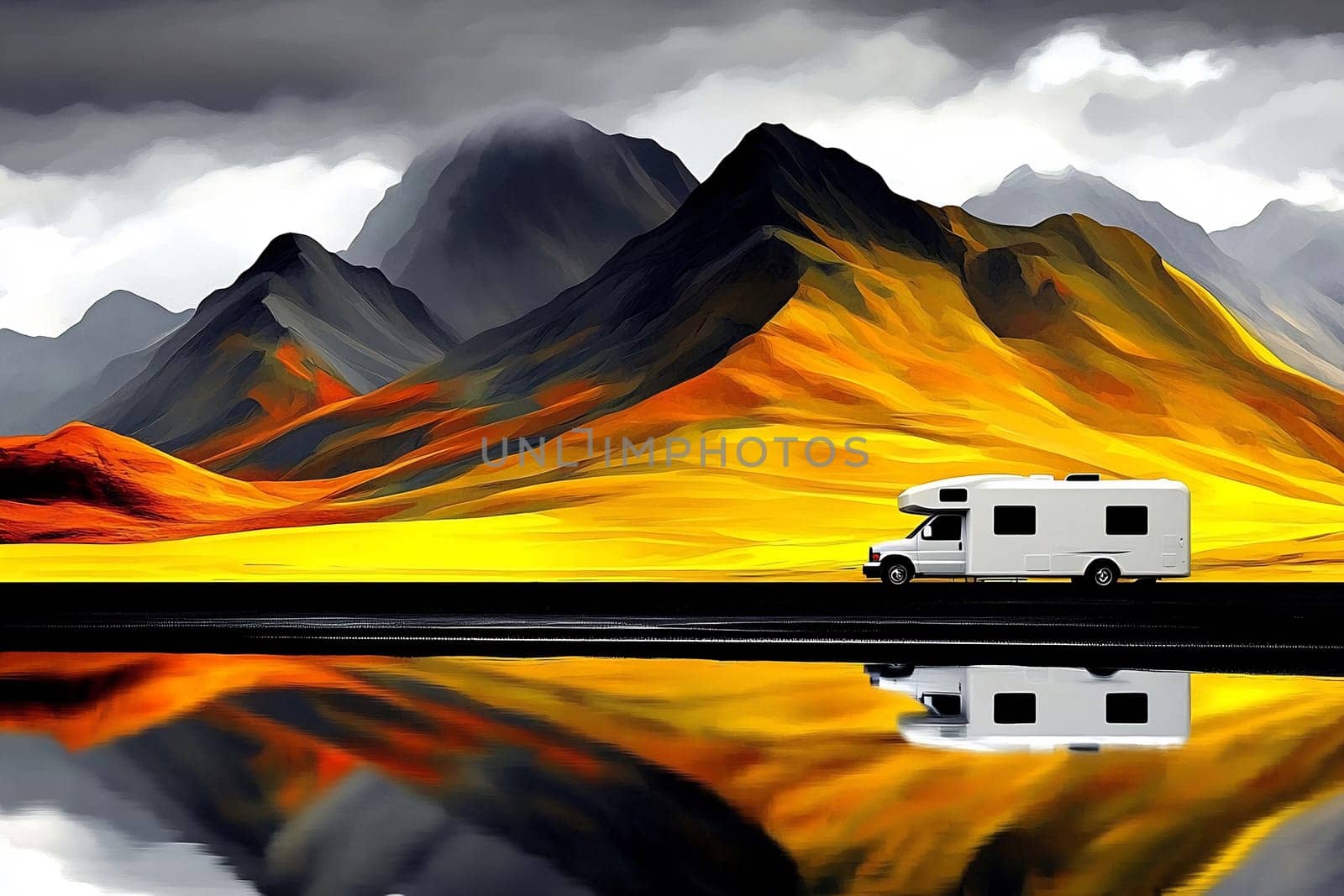 An RV travels along a serene road near majestic mountains, reflecting colorful autumn hues in a calm lake during sunset.