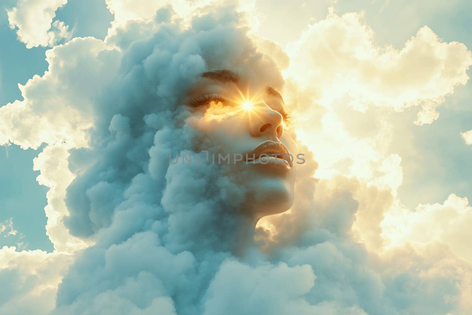 A serene woman's face emerges from soft clouds, illuminated by golden sunlight, creating an ethereal and calming atmosphere.