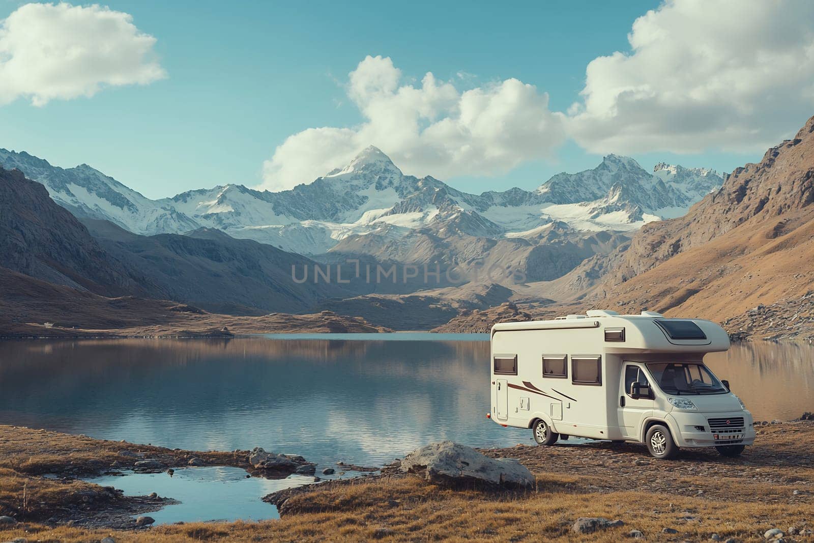 A camper van rests by a tranquil lake, surrounded by majestic mountains under a clear blue sky. Perfect for outdoor adventures.