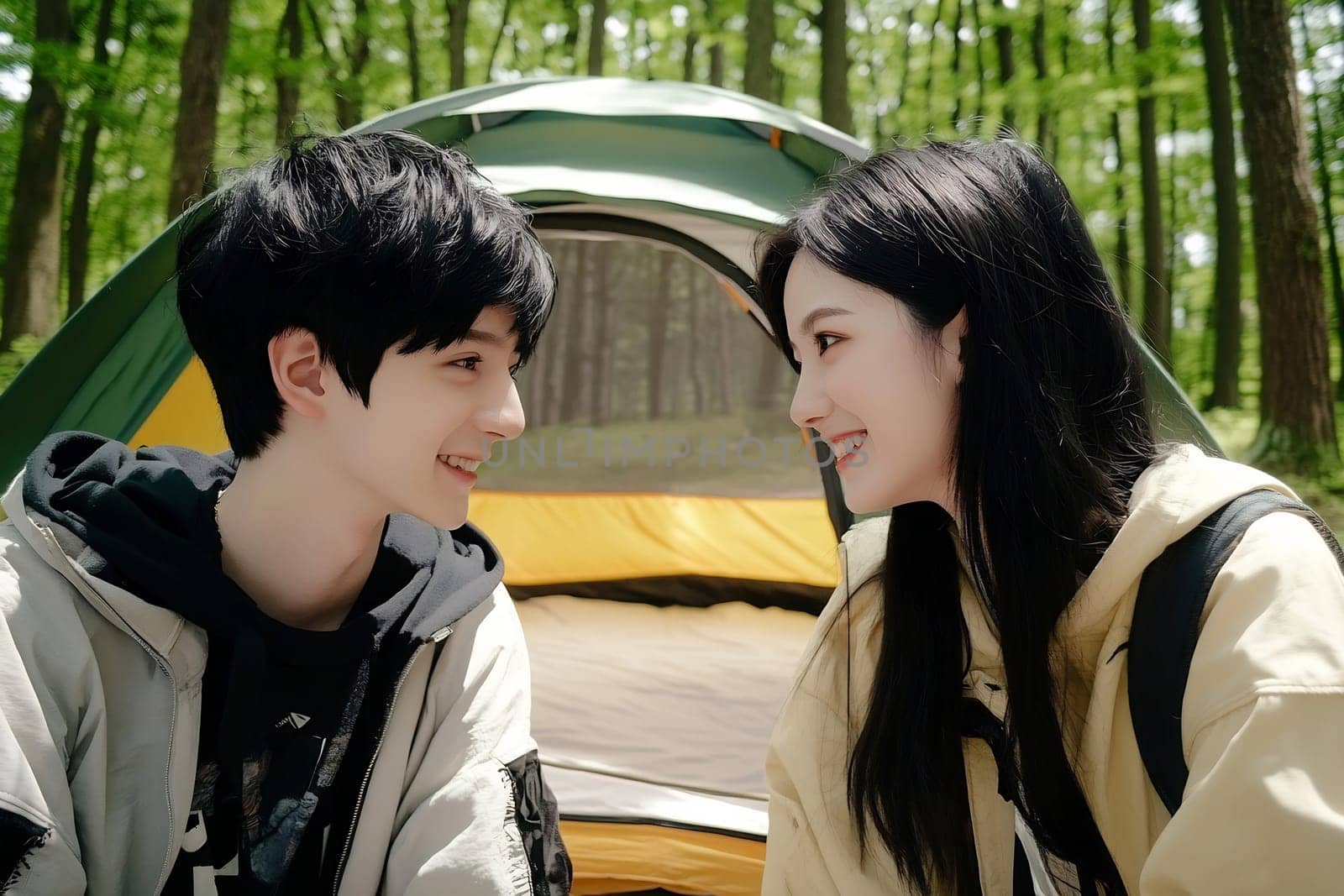 Two friends are smiling at each other while seated near their tent in a lush green forest during the day.