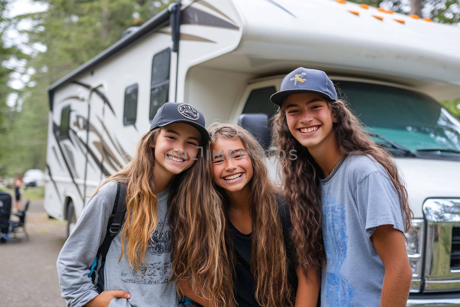 Three teenagers smile together in front of a recreational vehicle at a picturesque campground surrounded by nature.