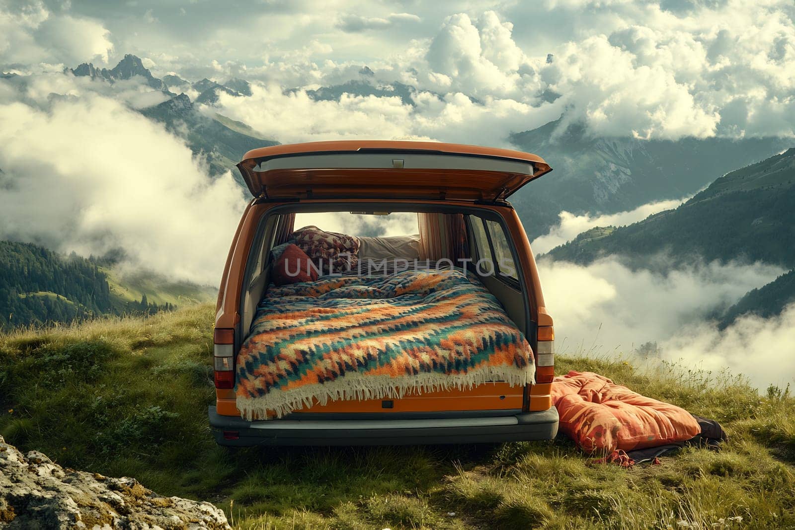 A vibrant van is parked in a stunning mountain area, showcasing a comfortable bed made with blankets surrounded by fluffy clouds and towering peaks.