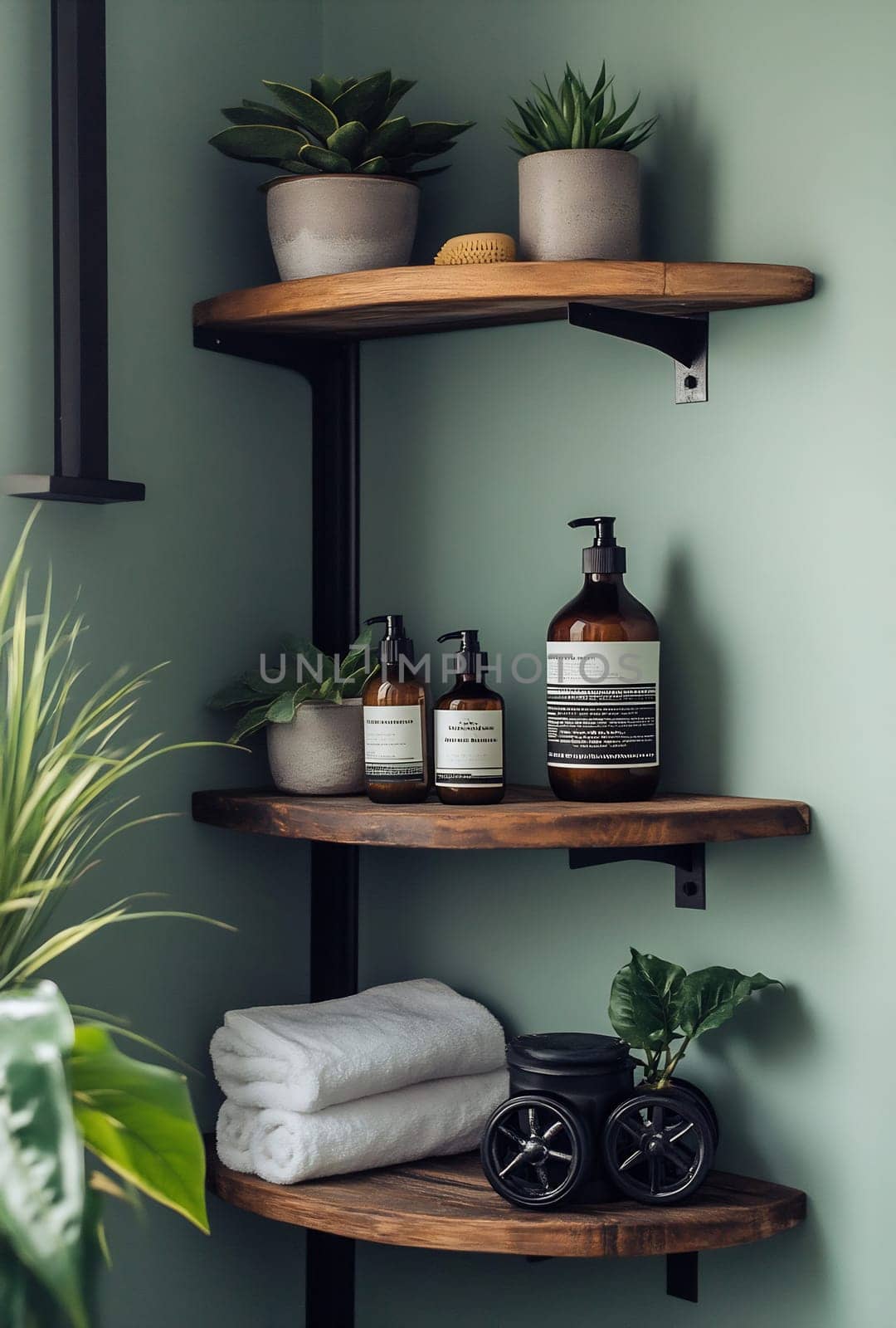 Wooden shelves in a modern bathroom display plants, toiletries, and neatly folded towels, creating a serene atmosphere.