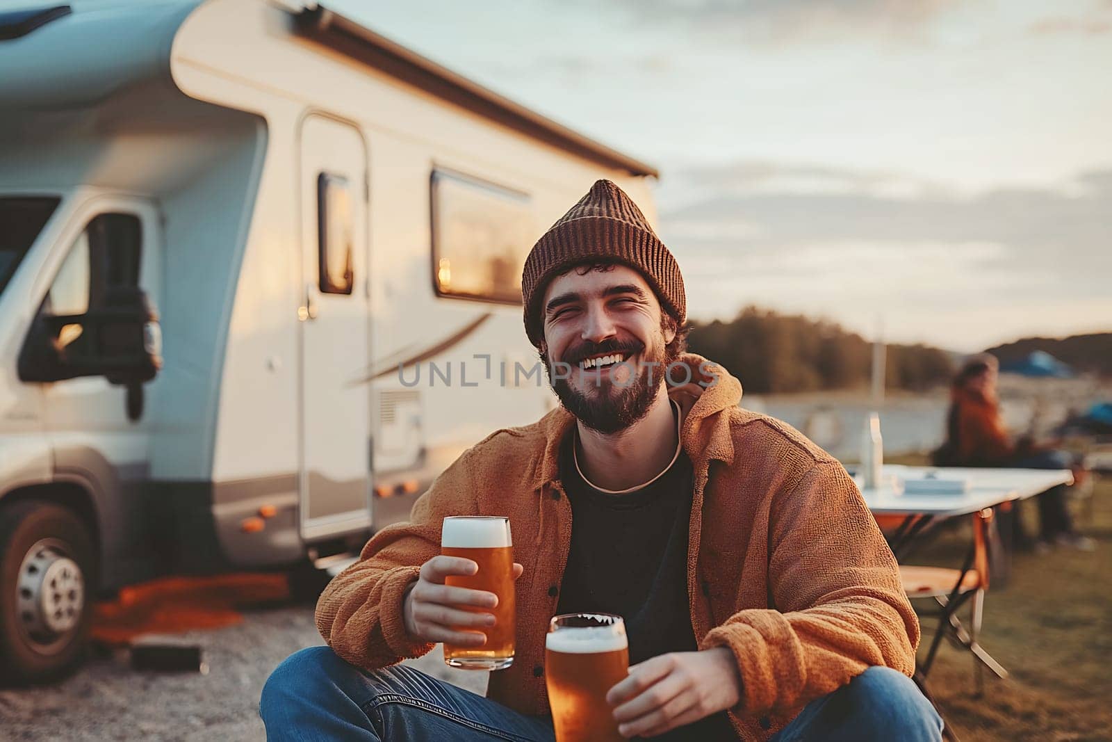 A man sits outside with two beers, smiling happily at a camping location during sunset near a motorhome and a gathering.