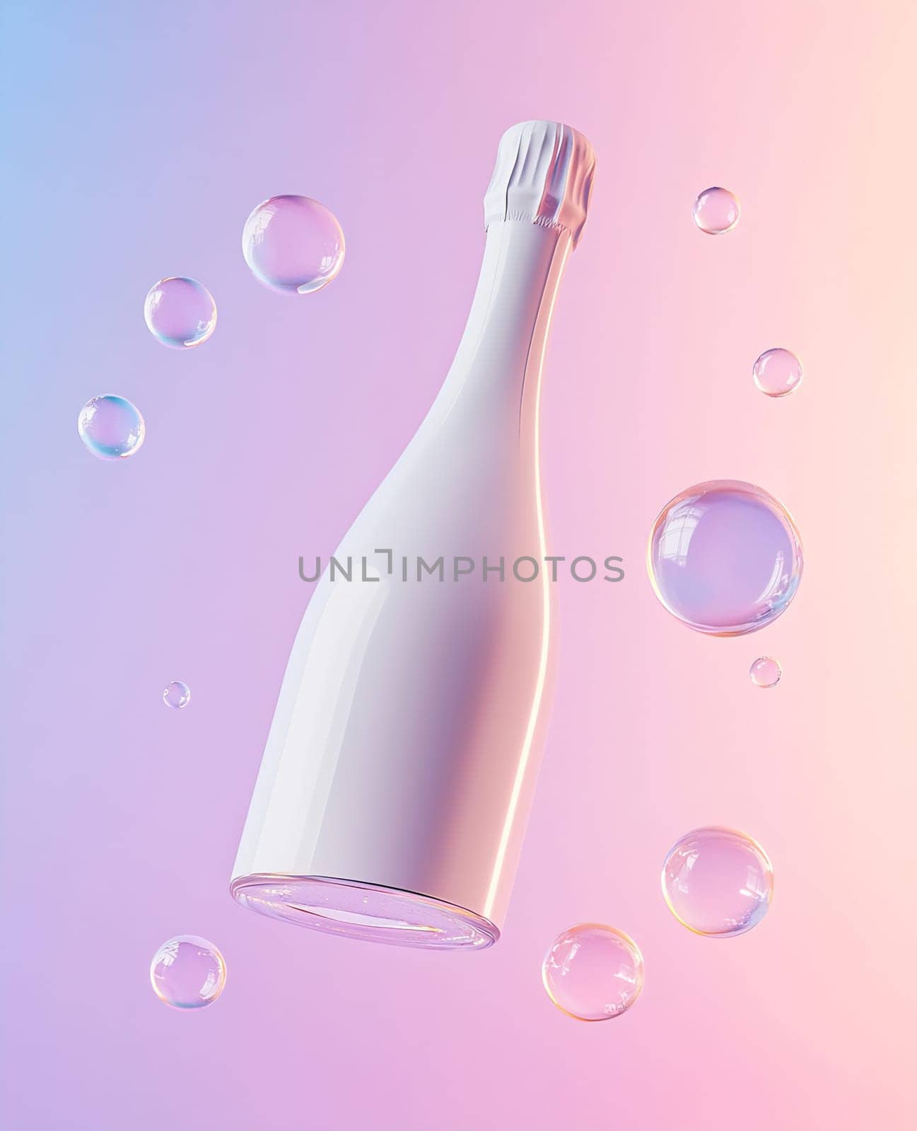 A white champagne bottle is suspended amidst various bubbles against a colorful gradient background, creating a festive atmosphere.