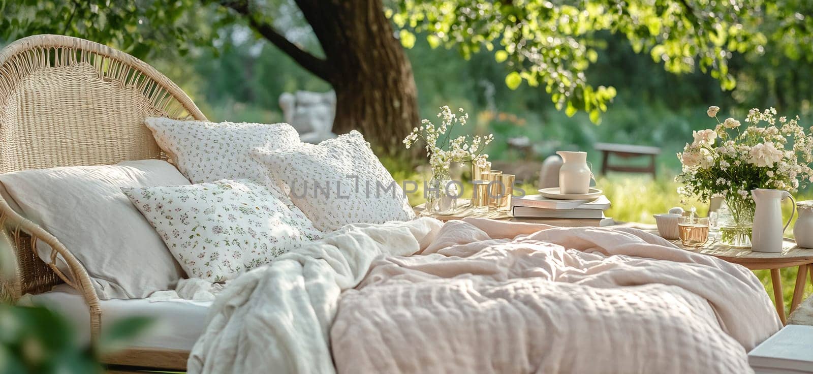A peaceful outdoor scene with a cozy bed, soft pillows, a table with fresh flowers, and drinks in a floral setting.