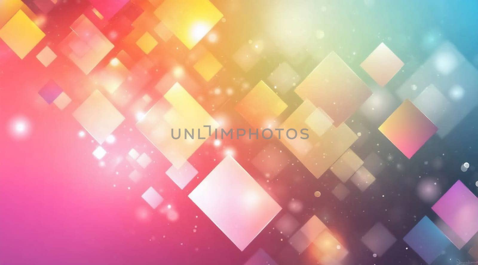 Bright geometric shapes in vibrant colors create a dynamic background with sparkling light effects for creative projects and designs.