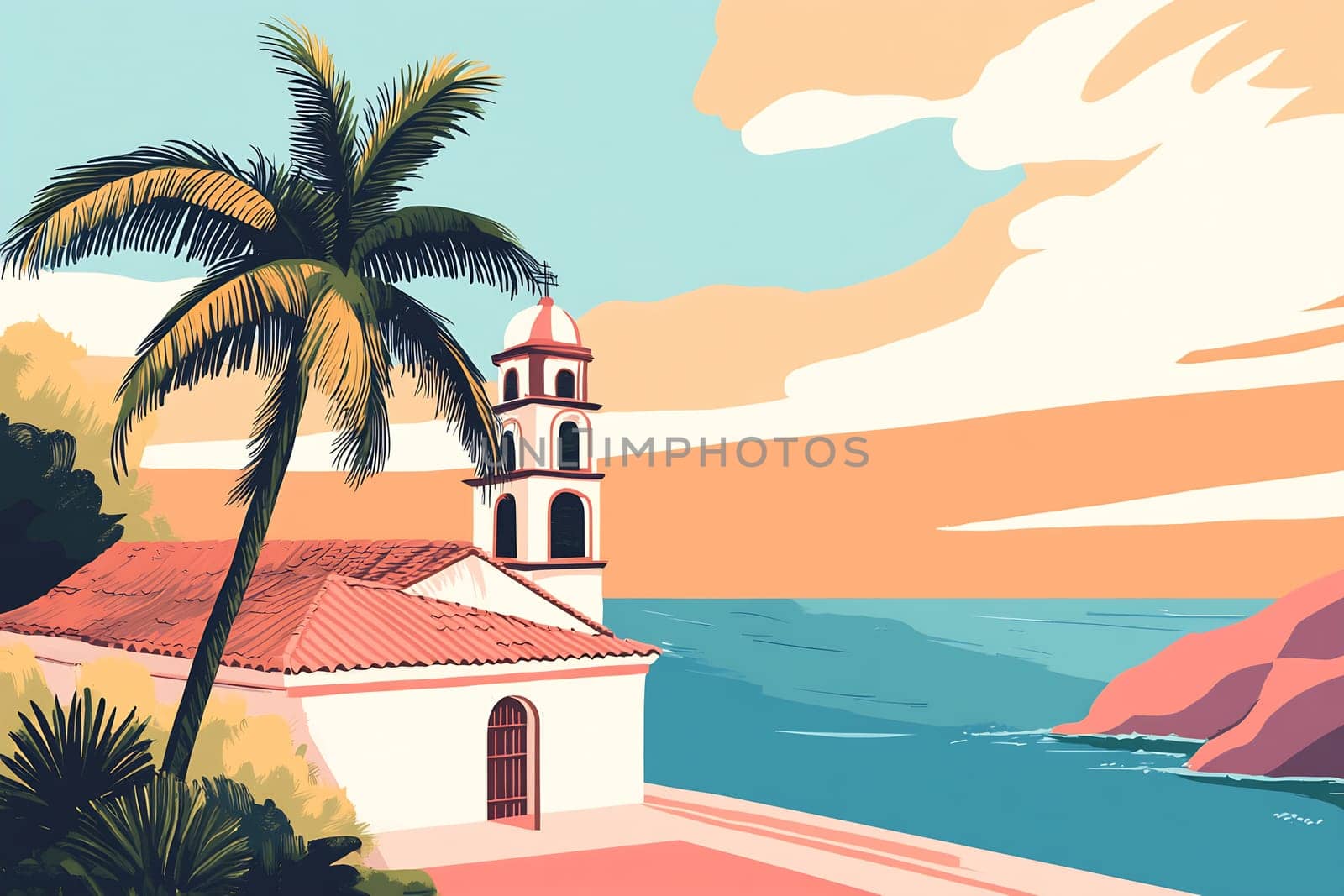 A serene coastal landscape features a palm tree and a church tower overlooking the ocean at sunset, with colorful skies and rocky cliffs.