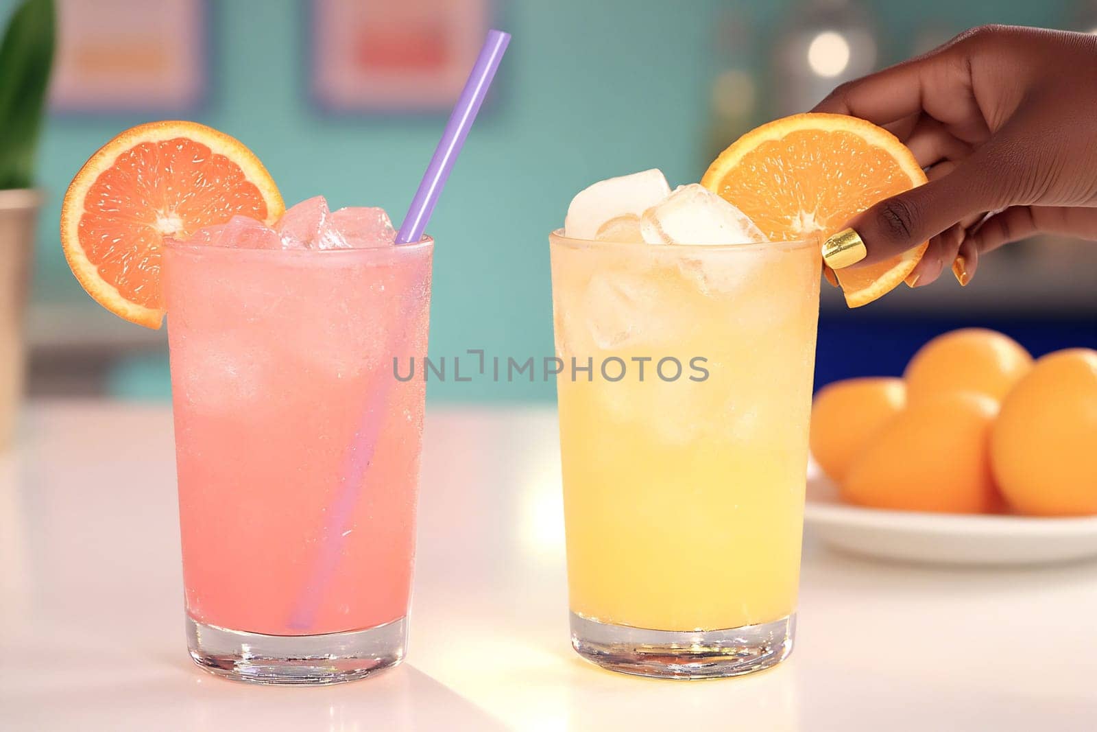 Two vibrant drinks sit on a table, one pink and one yellow, garnished with orange slices and ice, perfect for hot weather.