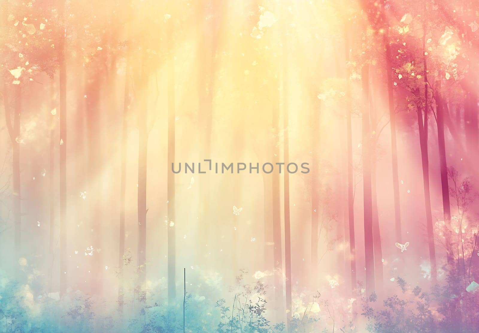 Sunlight filters through colorful trees, creating an enchanting atmosphere filled with vibrant hues and soft textures in nature.