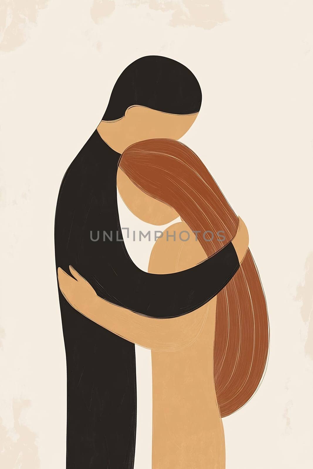 Two figures share a tender embrace, conveying intimacy and comfort in a minimalist artistic style with soft colors.