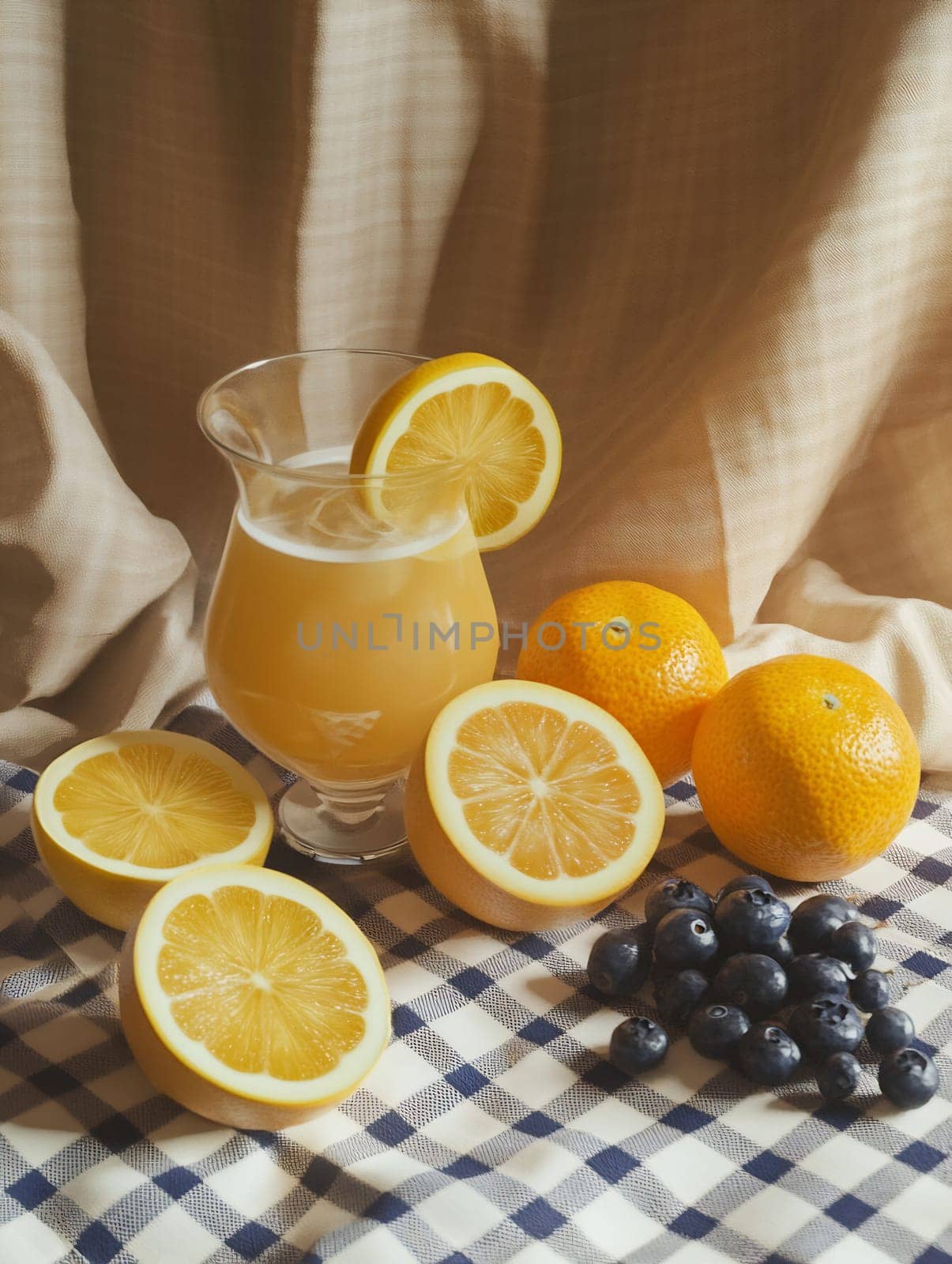 A glass of citrus beverage sits on a checkered tablecloth alongside fresh lemons, oranges, and blueberries, brightening the setting.