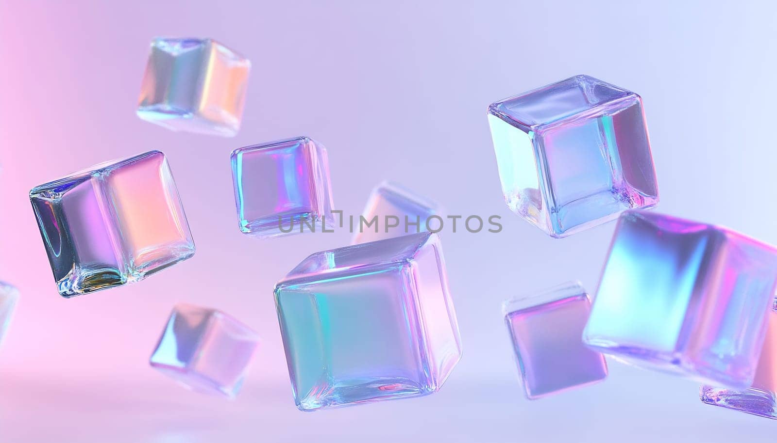 Floating translucent ice cubes display shimmering colors against a soft pastel background, creating a whimsical and refreshing atmosphere.