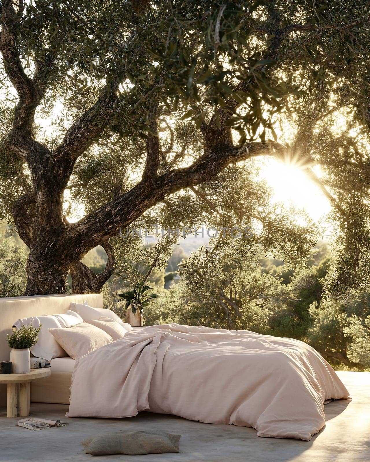 A tranquil outdoor space features a soft bed surrounded by lush trees and warm golden sunlight. Perfect for relaxation and nature lovers.