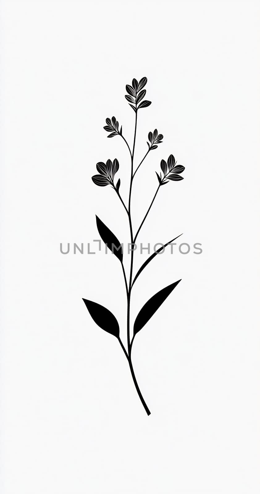 Delicate black silhouette of a flowering plant with leaves against a white background, showcasing natural beauty and simplicity.