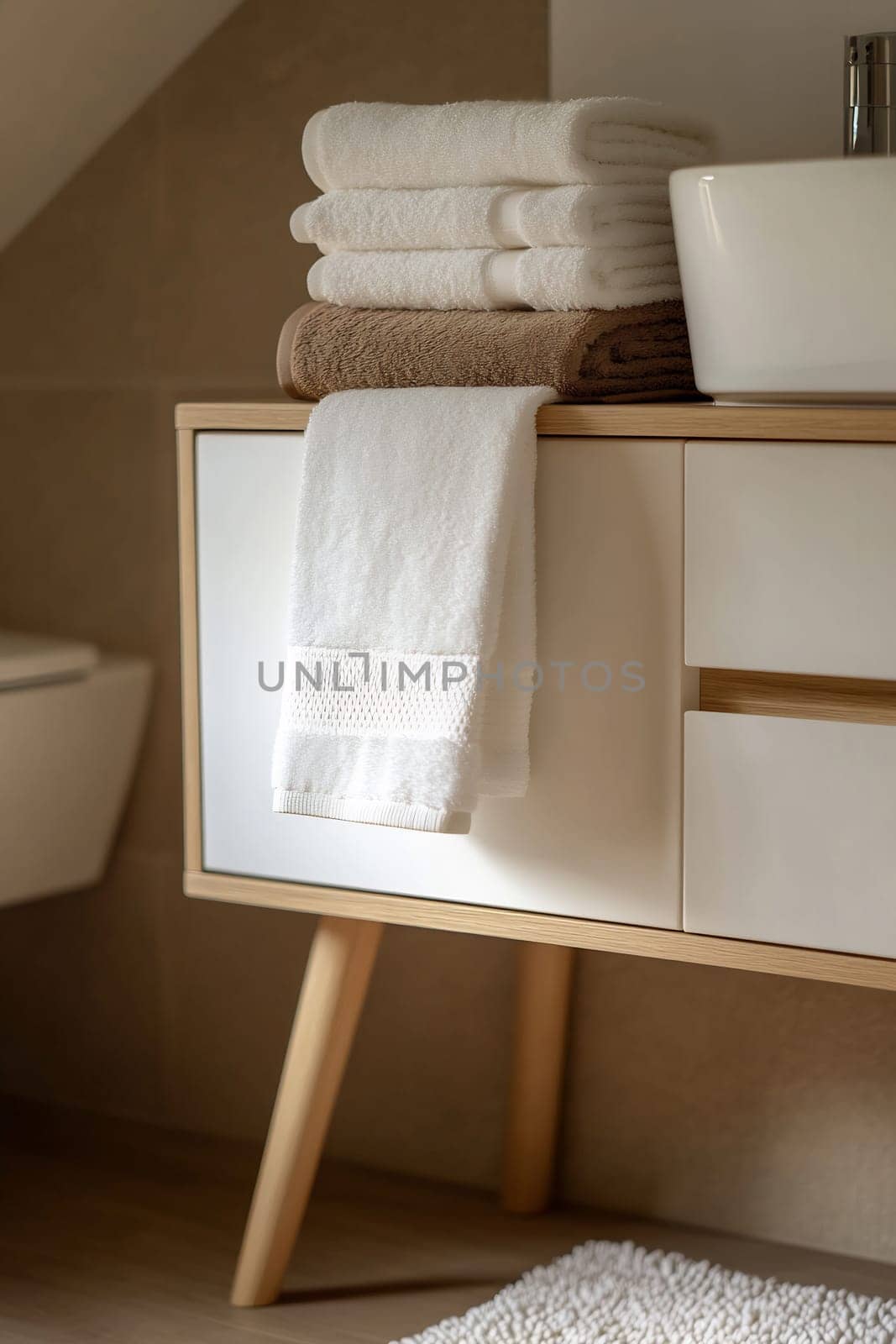 Soft towels are stacked alongside a clean sink in a contemporary bathroom, showcasing minimalistic design and a warm atmosphere.