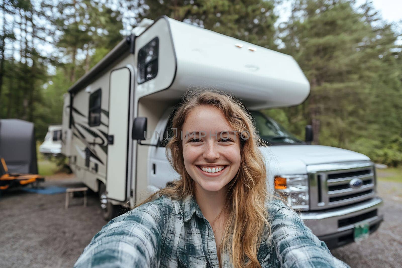 A young woman smiles while taking a selfie in front of a camper van parked in a lush forested area, celebrating outdoor exploration.