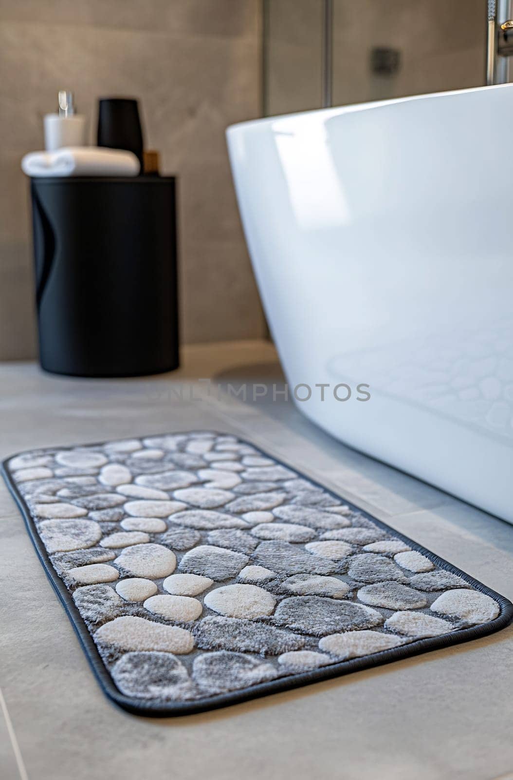 A modern bathroom features a soft mat with a pebble design beside a sleek bathtub, creating a cozy and appealing atmosphere.